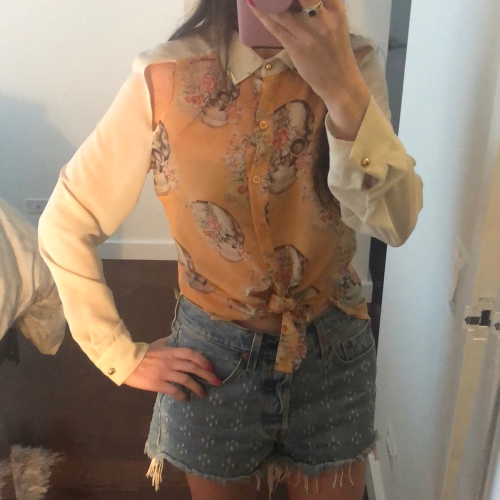 Skull cold shoulder long sleeve button up shirt